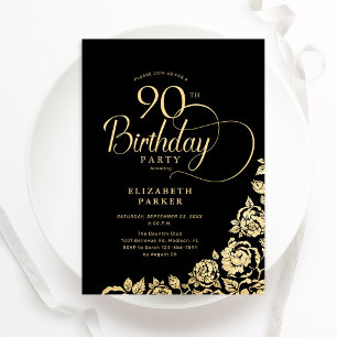 Simple Elegant 90th Birthday Black Gold Roses Invitation