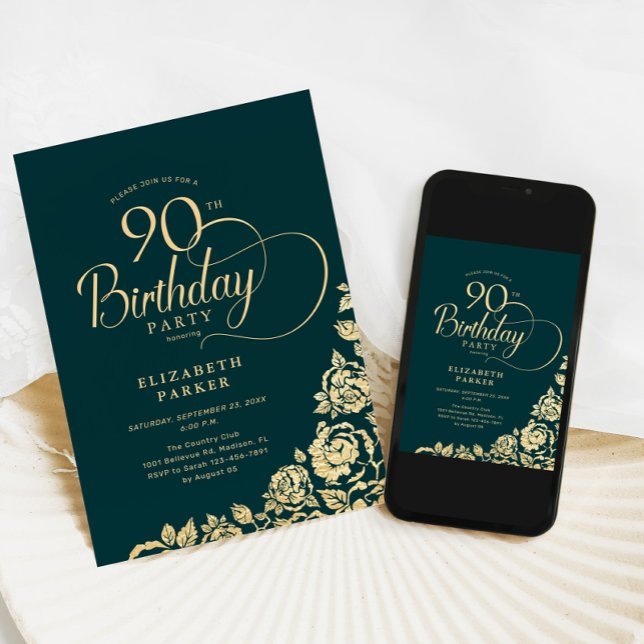 Simple Elegant 90th Birthday Emerald Green Gold Invitation
