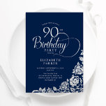 Simple Elegant 90th Birthday Navy Silver Roses Invitation<br><div class="desc">Simple elegant 90th birthday party invitation in navy and silver. Classy design featuring roses, faux silver foil and typography script font. Trendy invite card perfect for a stylish female bday celebration. Personalize with your own details. Can be customized to any age. Printed Zazzle invitations or instant download digital printable template....</div>