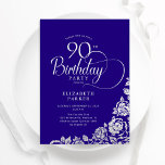 Simple Elegant 90th Birthday Purple Silver Roses Invitation<br><div class="desc">Simple elegant 90th birthday purple invitation in black and silver. Classy design featuring roses, faux silver foil and typography script font. Trendy invite card perfect for a stylish female bday celebration. Personalize with your own details. Can be customized to any age. Printed Zazzle invitations or instant download digital printable template....</div>