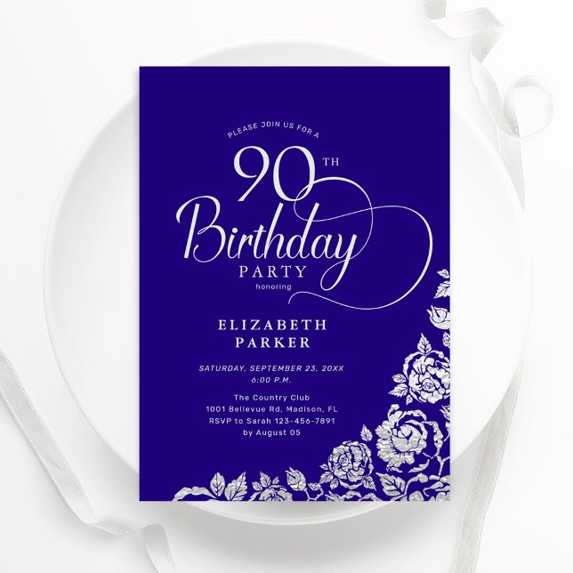 Simple Elegant 90th Birthday Purple Silver Roses Invitation (Creator Uploaded)