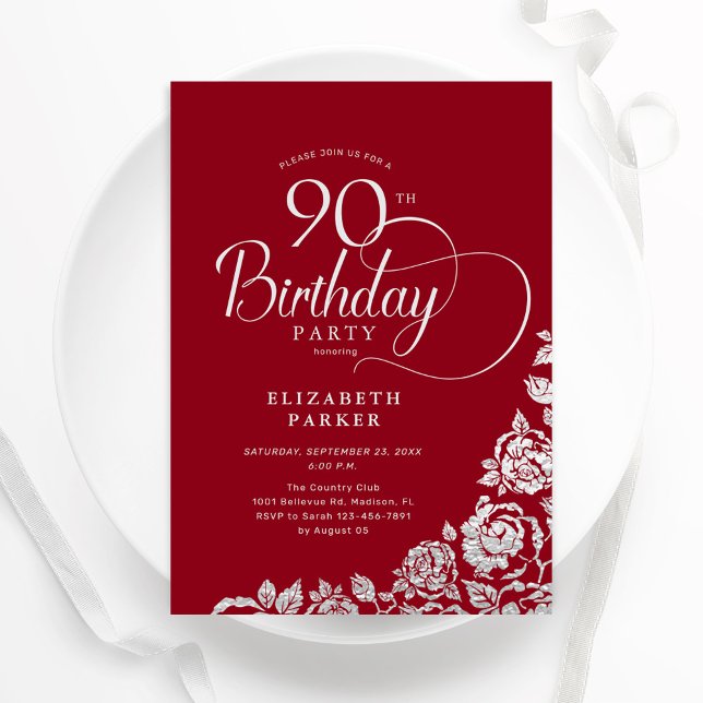 Simple Elegant 90th Birthday Red Silver Roses Invitation (Creator Uploaded)