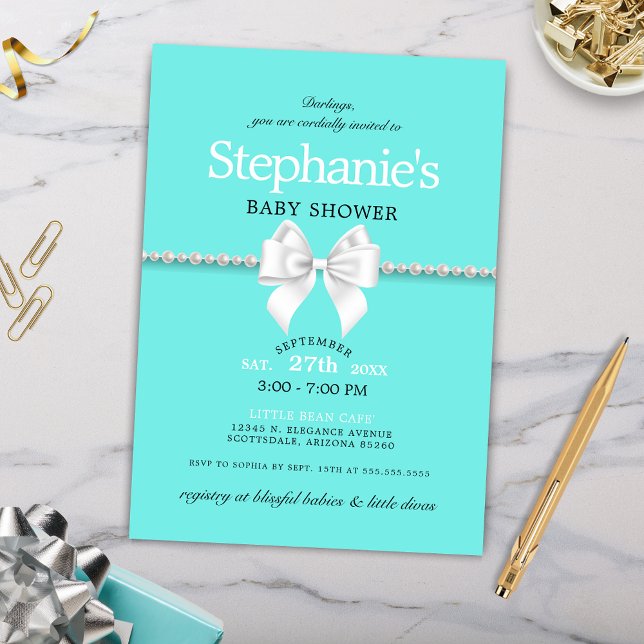 Simple Elegant Aqua Glam Baby Shower Invitation (Elegant Teal Aqua Blue Girly Baby Shower Invitation with White Bow and Pearls)