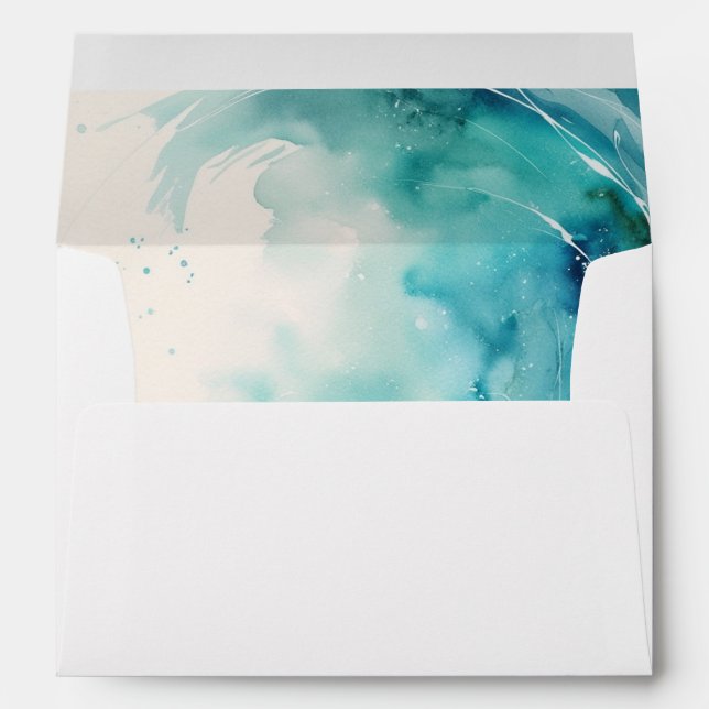 Simple Elegant Art Address Blue Wave Watercolor Envelope (Back (Bottom))