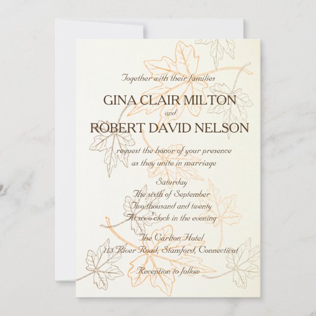 Simple Elegant Autumn Leaves Outlines Fall Wedding Invitation (Front)
