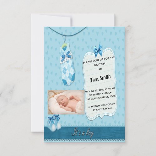 Simple Elegant Baby Boy Photo Baptism Invitation