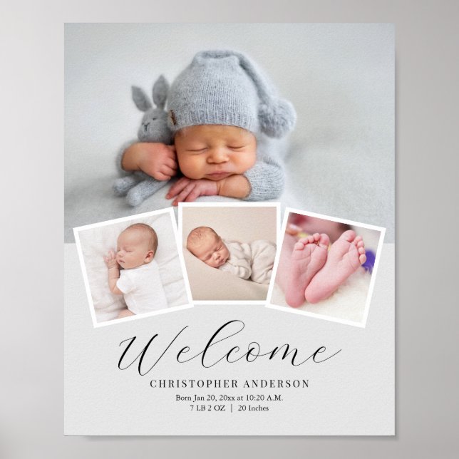 Simple Elegant Baby Boy Photo Birth Date Stats Poster (Front)