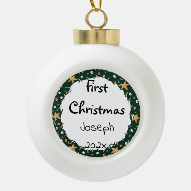 simple elegant baby first christmas customize  ceramic ball christmas ornament (Front)