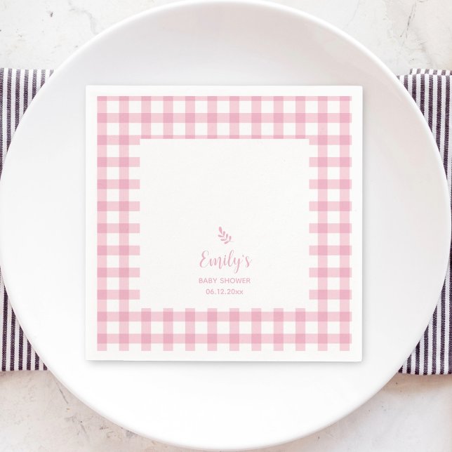 Simple Elegant Baby Pink Gingham Girl Baby Shower Napkins (Creator Uploaded)