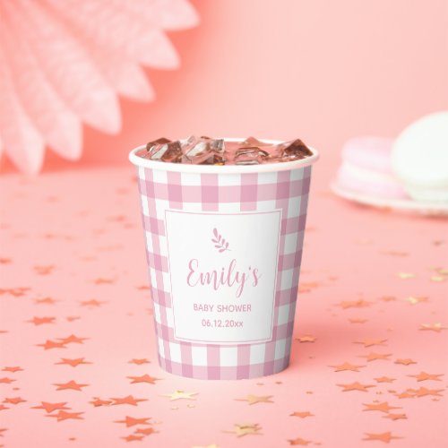 Simple Elegant Baby Pink Gingham Girl Baby Shower Paper Cups