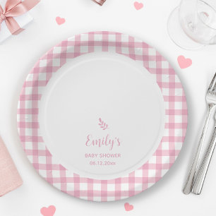 Simple Elegant Baby Pink Gingham Girl Baby Shower Paper Plates