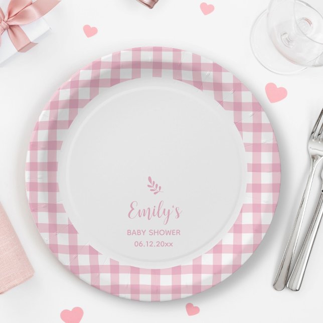 Simple Elegant Baby Pink Gingham Girl Baby Shower Paper Plates (Creator Uploaded)