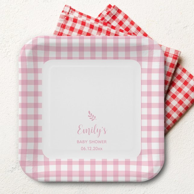 Simple Elegant Baby Pink Gingham Girl Baby Shower Paper Plates (Creator Uploaded)