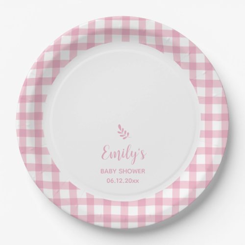 Simple Elegant Baby Pink Gingham Girl Baby Shower Paper Plates
