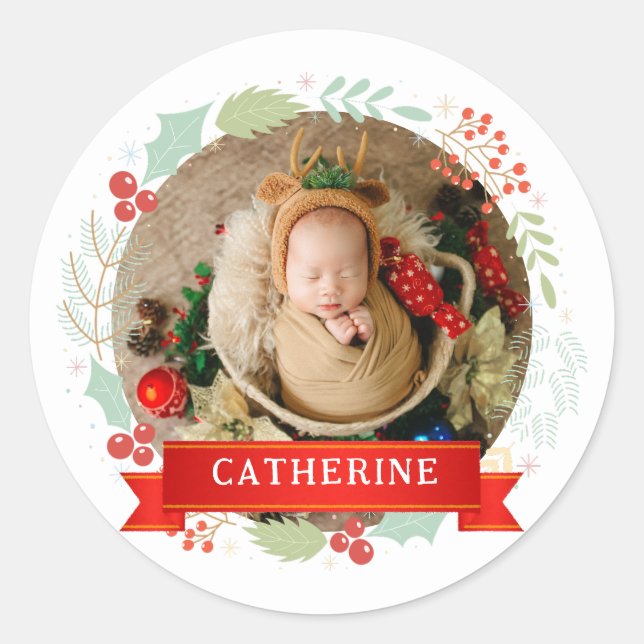 Simple Elegant Baby's First Christmas Custom Name  Classic Round Sticker (Front)
