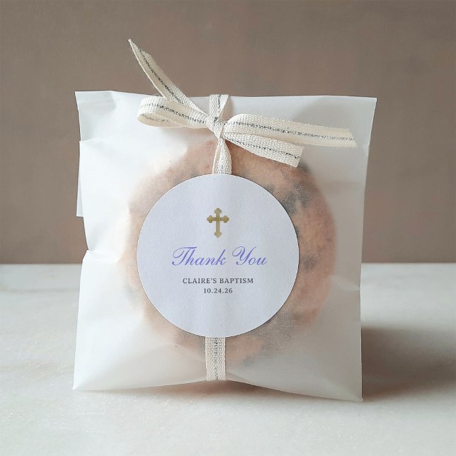 Simple Elegant Baptism | Faux Gold Cross Classic Round Sticker (Creator Uploaded)