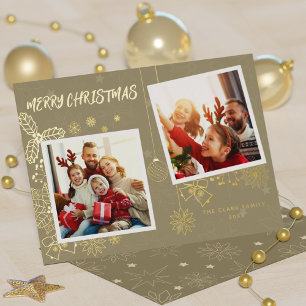 Simple Elegant Beige 2 Photo Frames Family Foil Holiday Card