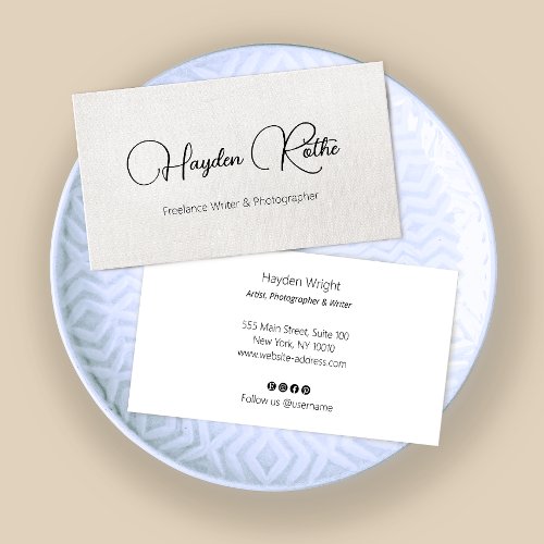 Simple Elegant Beige Linen Signature Script  Business Card