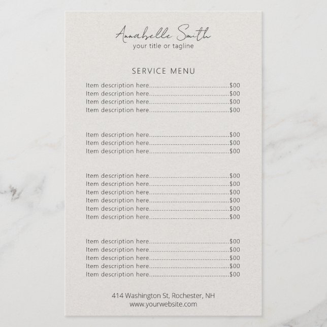 Simple Elegant Beige Minimalist Modern Price List (Front)