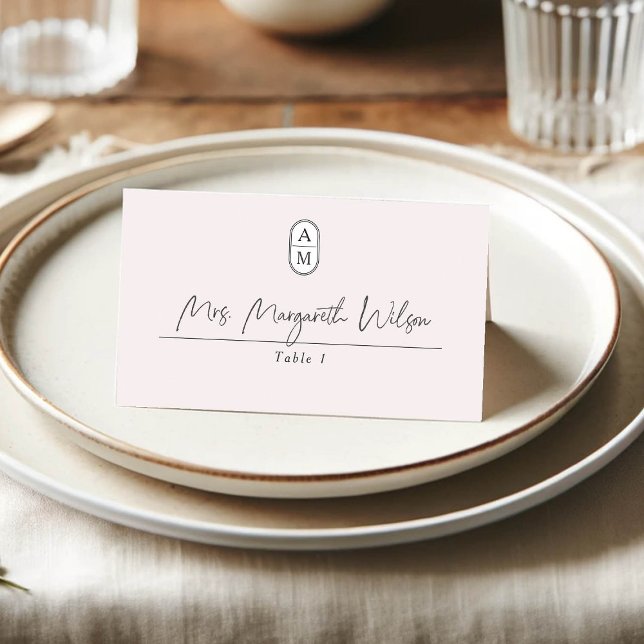 Simple elegant beige, modern monogram wedding place card (Creator Uploaded)