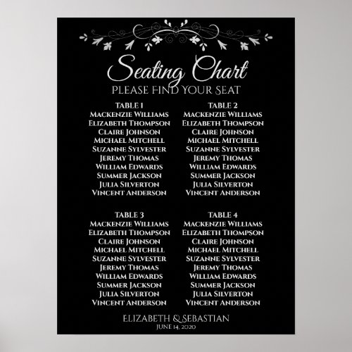 Simple Elegant Black 4 Table Wedding Seating Chart
