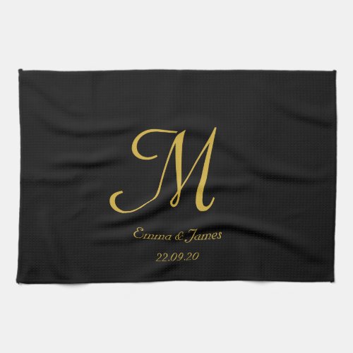 Simple Elegant Black and Gold Monogram Name Kitchen Towel