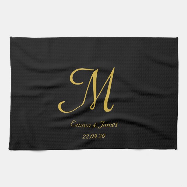 Simple Elegant Black and Gold Monogram Name Kitchen Towel (Horizontal)