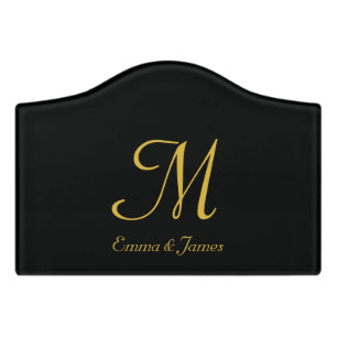 Simple Elegant Black and Gold Script Monogram Door Sign