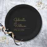 Simple Elegant Black And Gold Script Paper Plates<br><div class="desc">A classic design that features the happy couple's names set in an elegant gold script above the special date on a black background. Designed by Thisisnotme©</div>