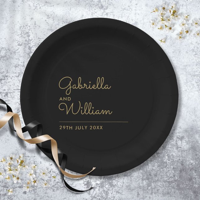 Simple Elegant Black And Gold Script Paper Plates (Simple Elegant Black And Gold Script Paper Plates)