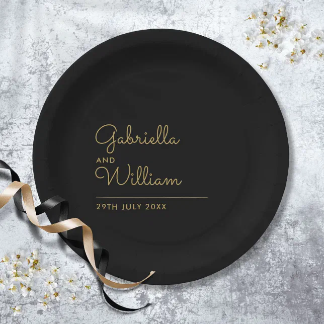 Simple Elegant Black And Gold Script Paper Plates | Zazzle