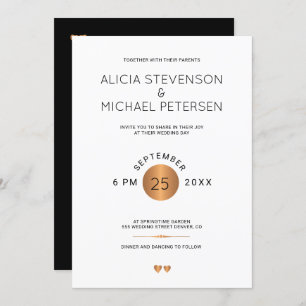 Simple elegant black and metallic copper wedding invitation