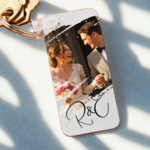Simple Elegant Black and White 2 Photo Keepsake Keychain