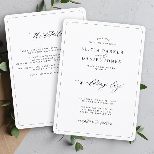 Simple elegant black and white all in one wedding  invitation