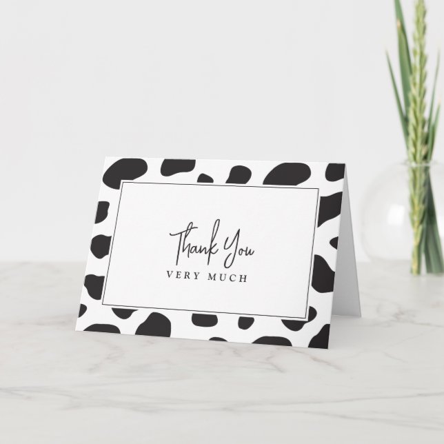Simple Elegant Black and White Cow Themed Birthday Thank You Card (Front)
