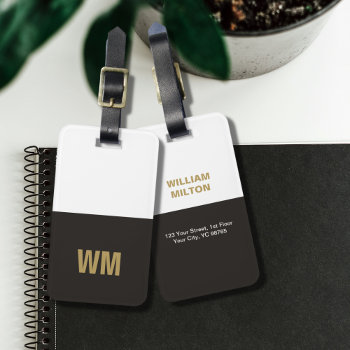 Simple Elegant Black And White Faux Gold Monogram Luggage Tag by Weaselgift at Zazzle