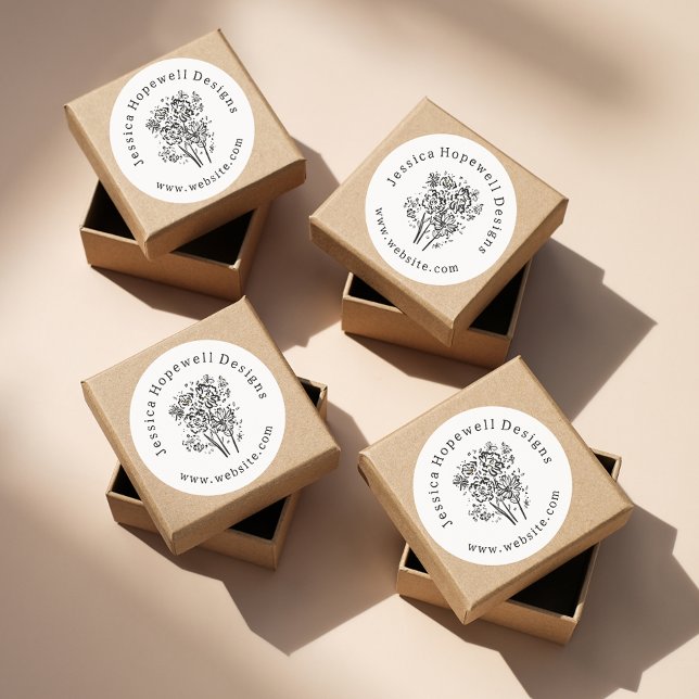 Simple Elegant Black and White Flowers Business Classic Round Sticker (Creator Uploaded)