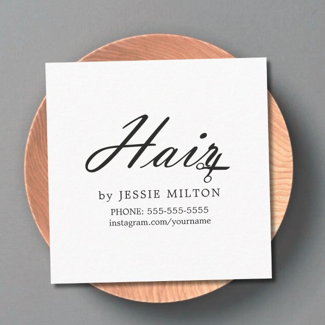 Simple Elegant Black and White Hair Stylist Square Business Card (Creator Uploaded)