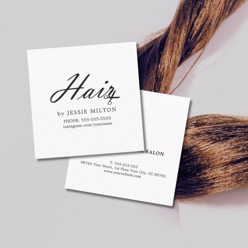 Simple Elegant Black and White Hair Stylist Square Business Card