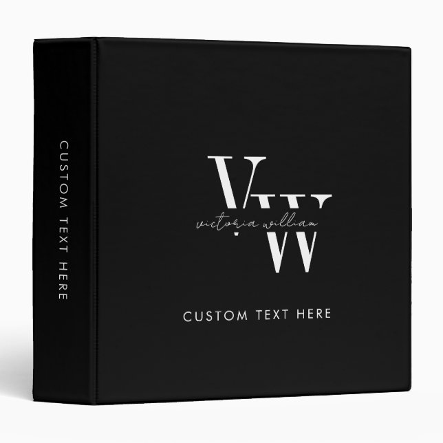 Simple Elegant Black and White Initials 3 Ring Binder (Front/Spine)