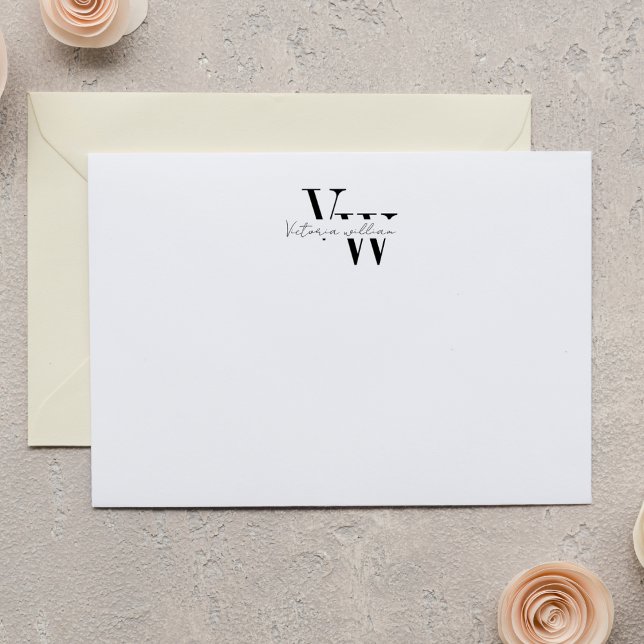 Simple Elegant Black and White Initials Note Card (Creator Uploaded)
