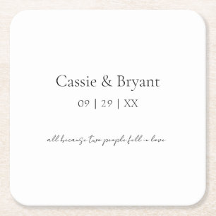 Simple Elegant Black and White Minimalist Wedding Square Paper Coaster
