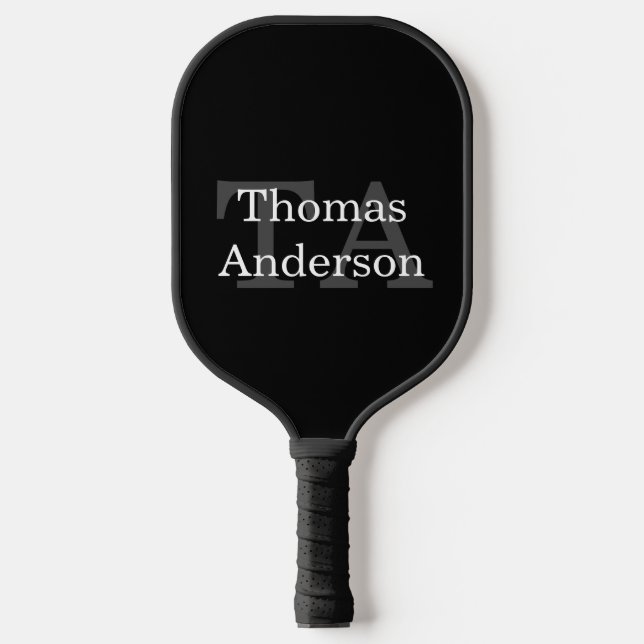 Simple Elegant Black and White Monogram Custom Pickleball Paddle (Front)