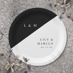 Simple Elegant Black And White Monogram Wedding Paper Plates