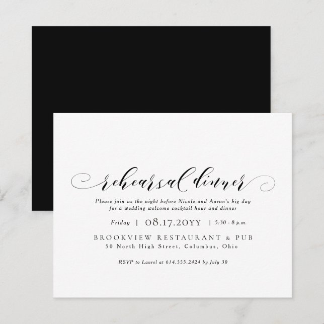 Simple elegant black and white rehearsal dinner invitation (Front/Back)
