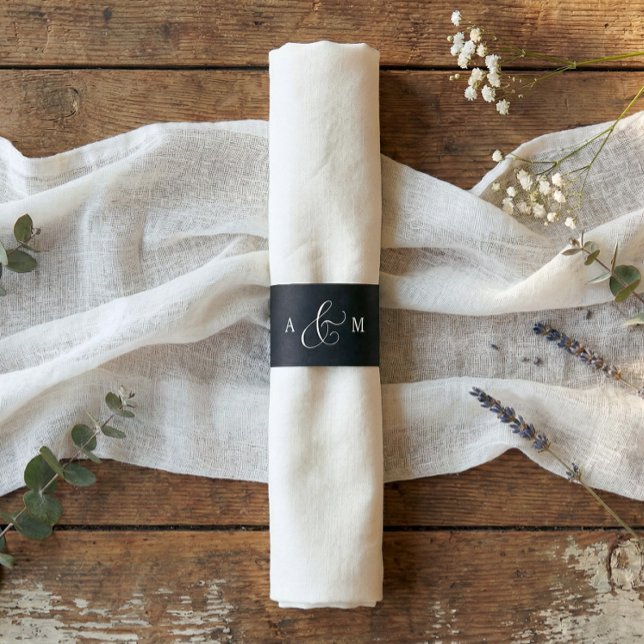 Simple Elegant Black and White Script Napkin Bands (Classic black and white wedding napkin wrap with simple calligraphy for rehearsal dinner tables)