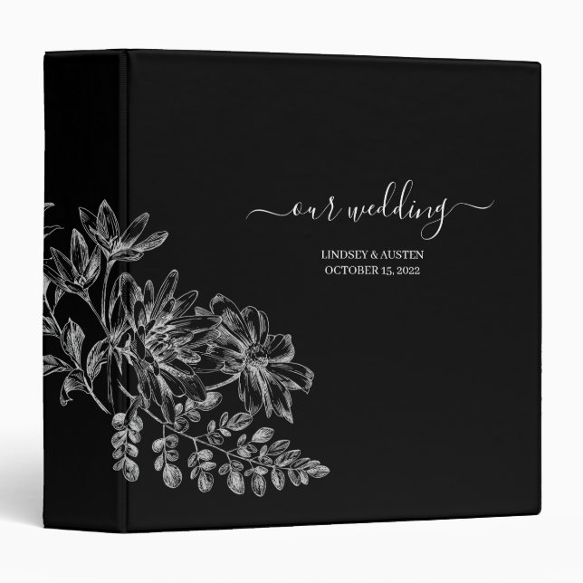 Simple Elegant Black and White Script Wedding 3 Ring Binder (Front/Spine)