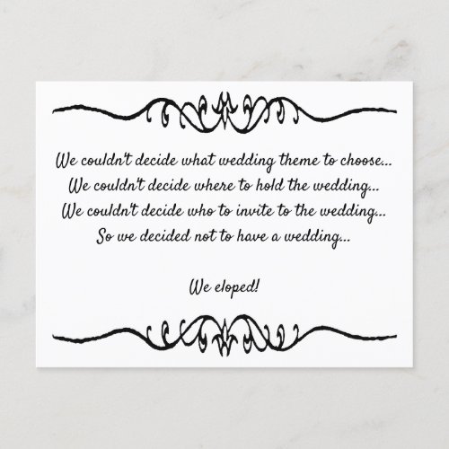 Simple Elegant Black and White We Eloped Announcement Postcard