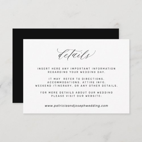 Simple elegant black and white wedding details enc enclosure card