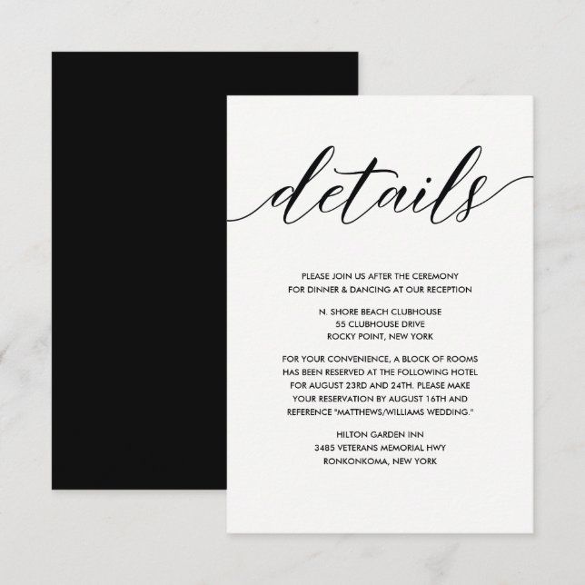 Simple Elegant Black and White Wedding Details Enclosure Card (Front/Back)
